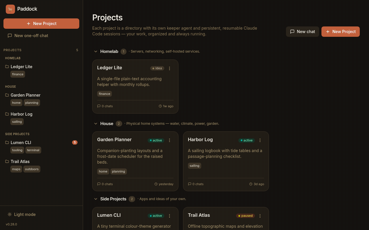 Paddock — the real dev stack, a project's chats, and Claude streaming live tool calls